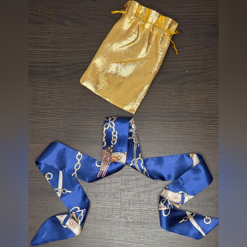 Blue Satin Twilly Scarf Chain Print | Purse Handle Wrap Hair Tie Neck Scarf NWOT